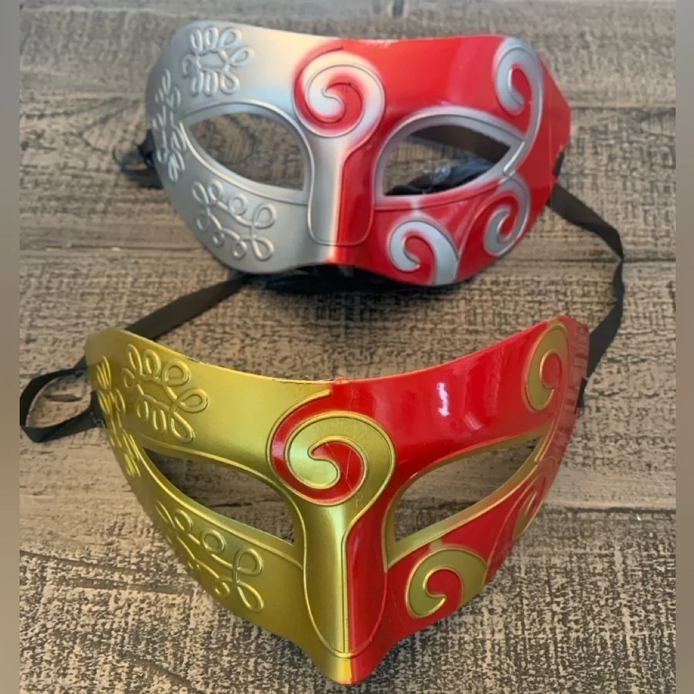 Venitian Masquerade Mardi Gras Masks, Hard Plastic Gold, Red, Silver colors, EUC